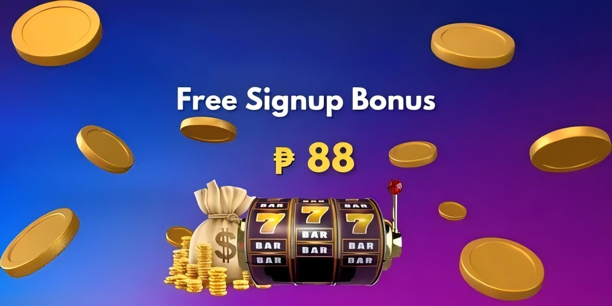 Free signup bonus banner with a lucky sevens slot machine, gold coins and a money bag